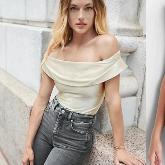 NWT Express Satin Off The Shoulder Thong Bodysuit White Cream Medium - Picture 1 of 6